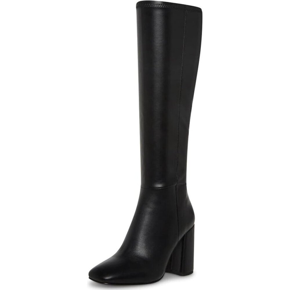 Women's Black Faux Leather Fashion Square Toe Chunky Heel Knee High Boots